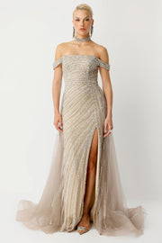Artemis Sparkling Maxi Beige Evening Dress