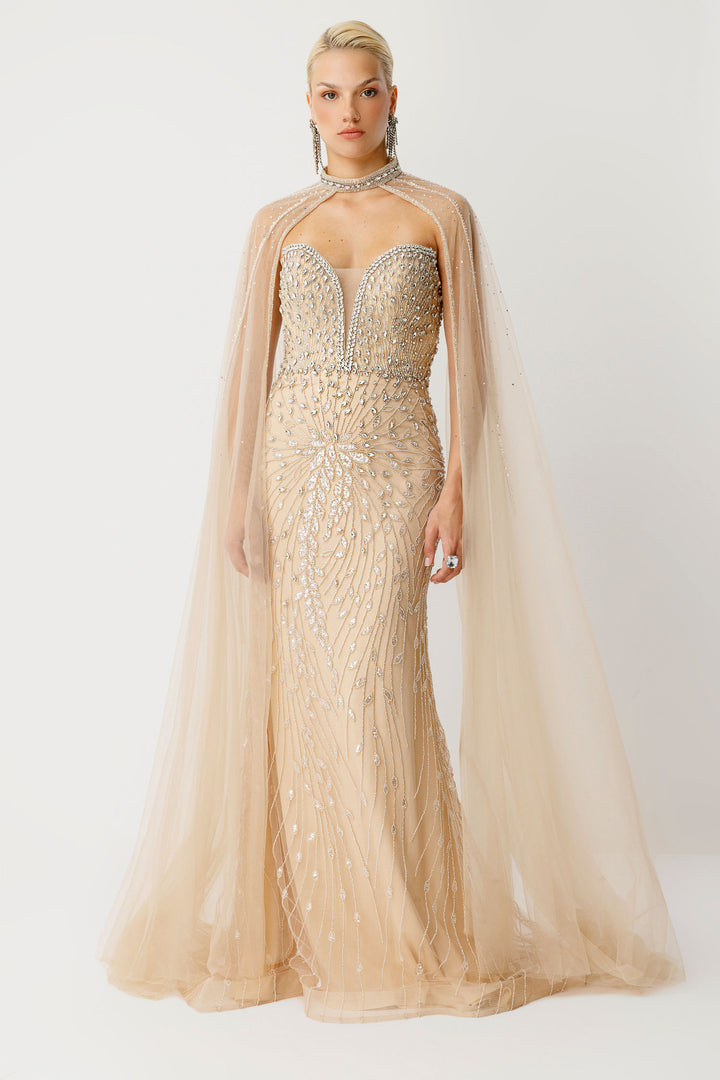 Ice Queen Off-Shoulder Long Beige Evening Dress