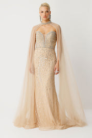 Ice Queen Off-Shoulder Long Beige Evening Dress