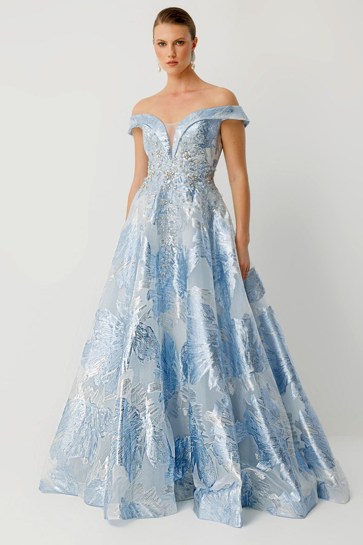 Celeste Bloom Embroidered Blue Evening Dress