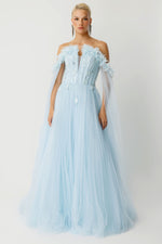 Load image into Gallery viewer, Cape Flowing Strapless Couture Blue Evening Dress