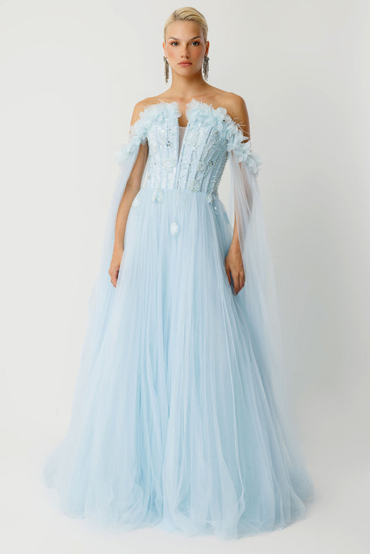 Cape Flowing Strapless Couture Blue Evening Dress