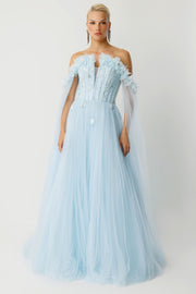 Cape Flowing Strapless Couture Blue Evening Dress