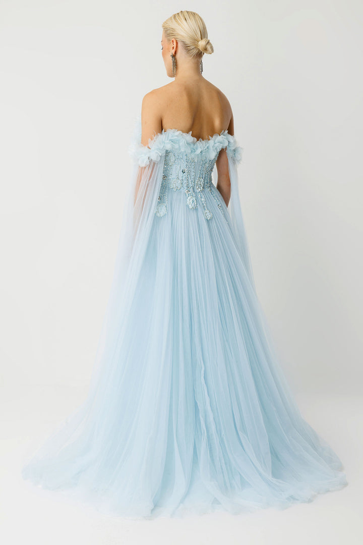 Cape Flowing Strapless Couture Blue Evening Dress