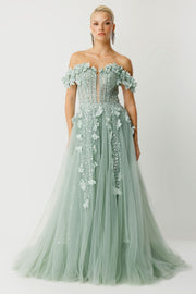 Garden Dream Long Evening Dress with Shoulder Detail
