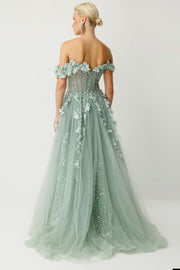 Garden Dream Long Evening Dress with Shoulder Detail