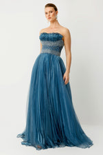 Load image into Gallery viewer, Strapless Princess Evening Dress with Tulle Details and Stone Embellishments