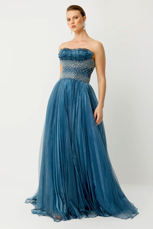 Strapless Princess Evening Dress with Tulle Details and Stone Embellishments