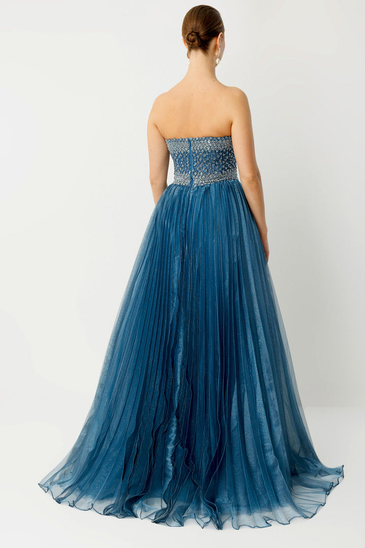Strapless Princess Evening Dress with Tulle Details and Stone Embellishments