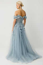Garden Dream Long Evening Dress with Shoulder Detail