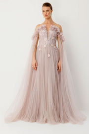 Cape Flowing Strapless Couture Powder Pink Evening Dress