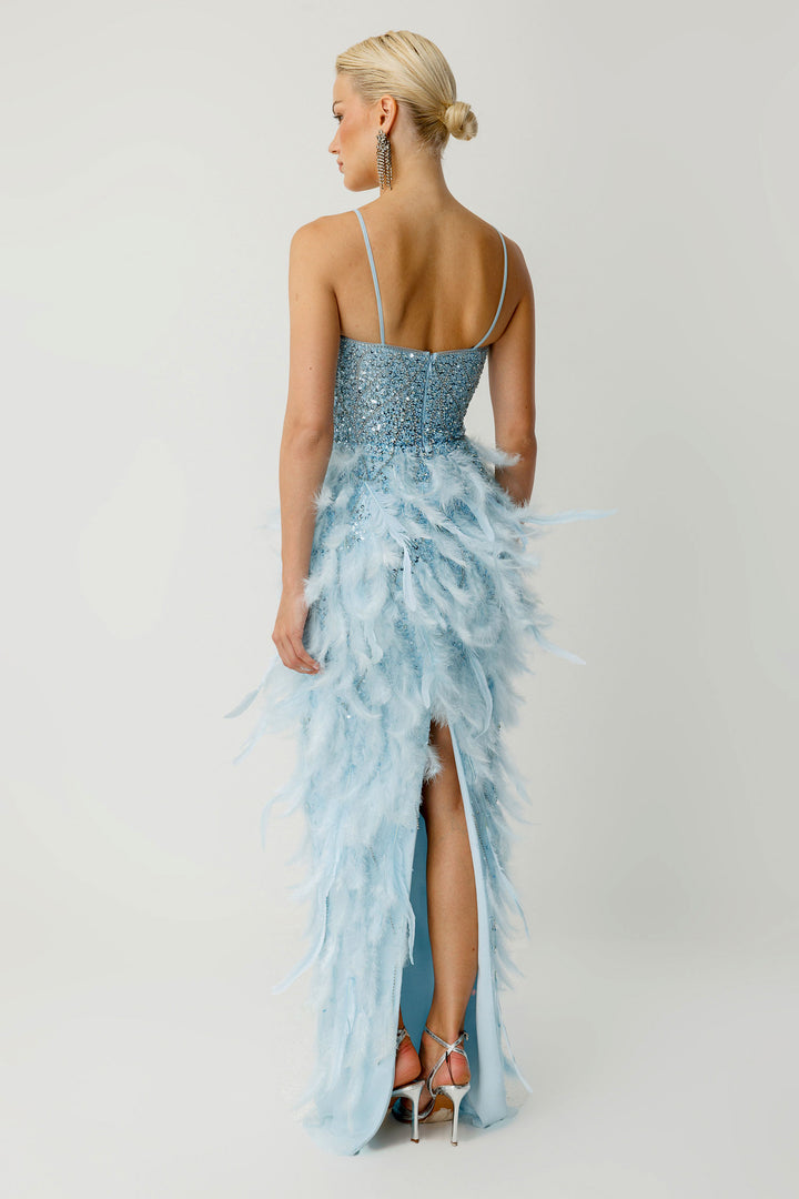 Ice Feather Couture Derin Dekolteli Taş İşlemeli Uzun Gece Elbisesi