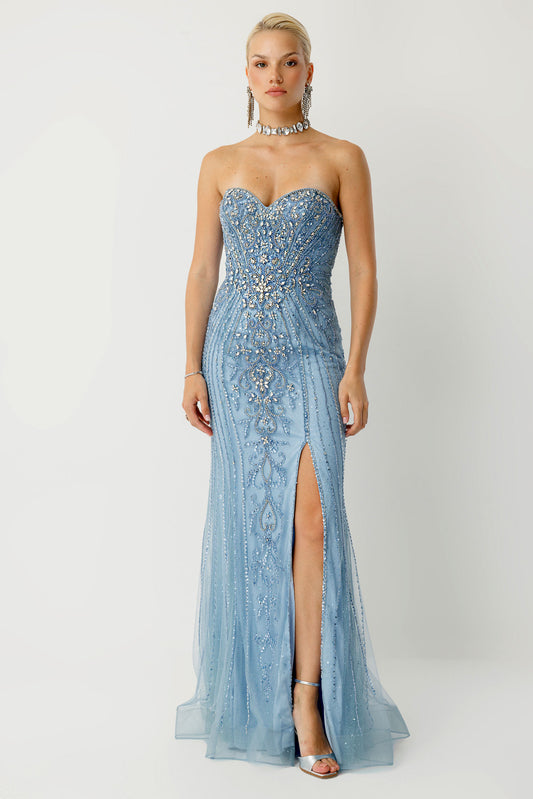 Sapphire Glow Slit Evening Dress