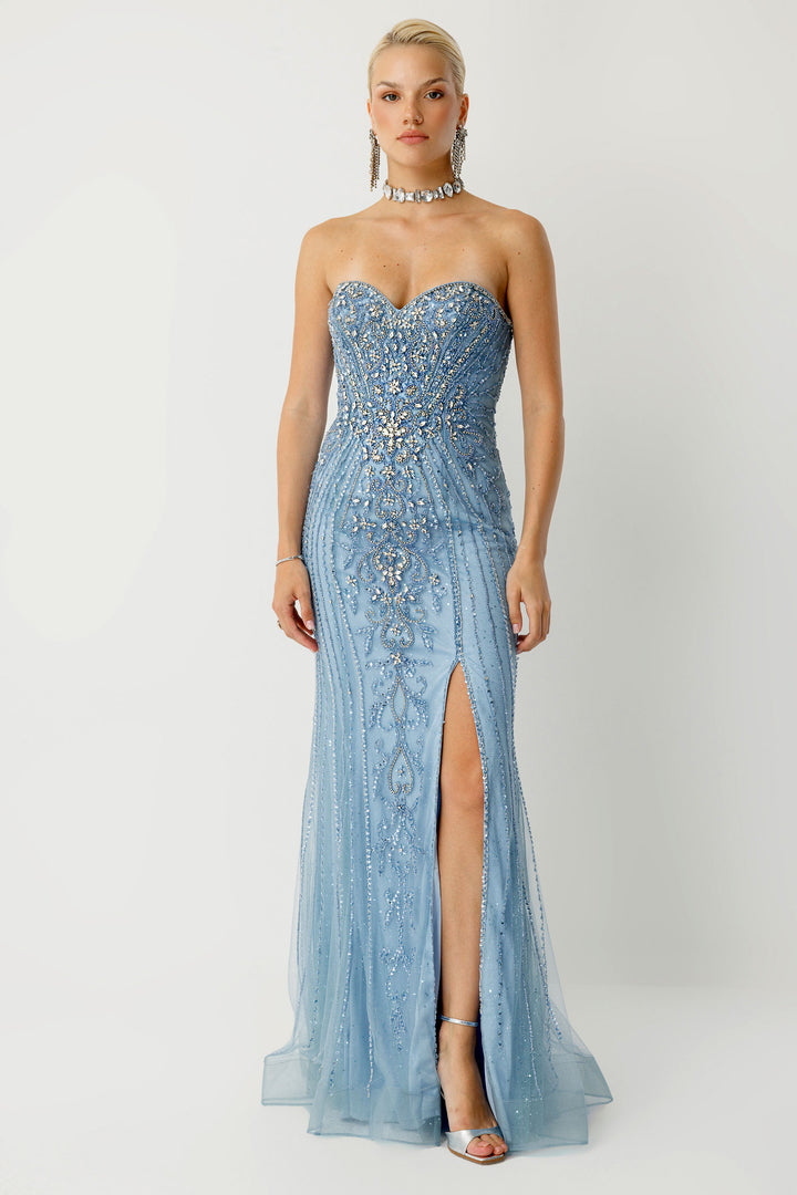 Sapphire Glow Slit Evening Dress
