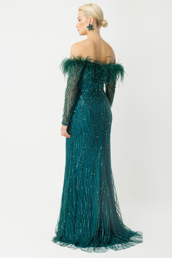 Strapless Evening Dress with Feather Details, Beads and Sequins