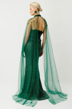 Load image into Gallery viewer, Valeria Cape Embroidered Emerald Long Evening Gown