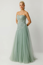 Perla Strapless Embroidered Sage Pattern Engagement Dress