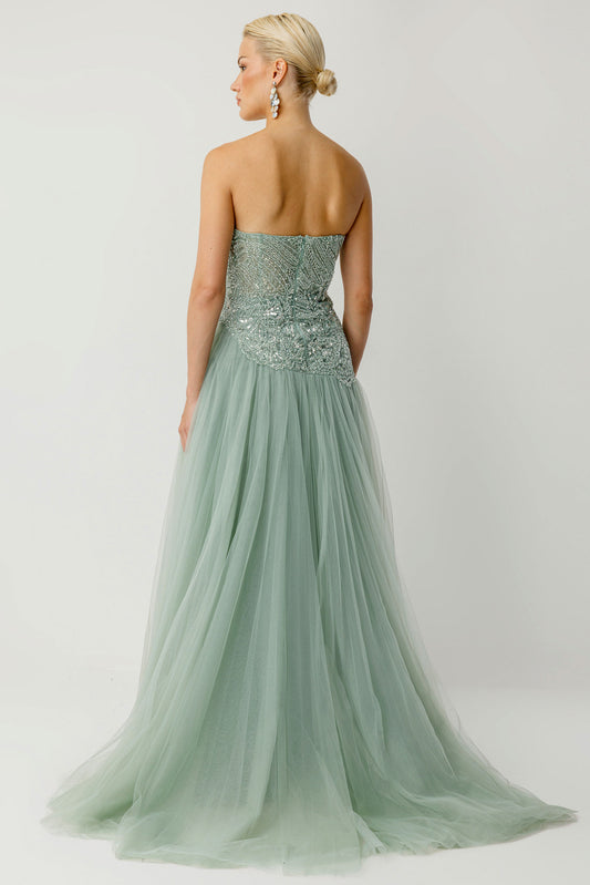Perla Strapless Embroidered Sage Pattern Engagement Dress