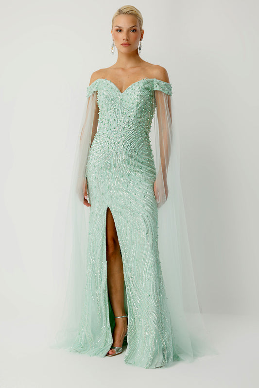 Heart Neckline Sage Pattern Slit Evening Dress