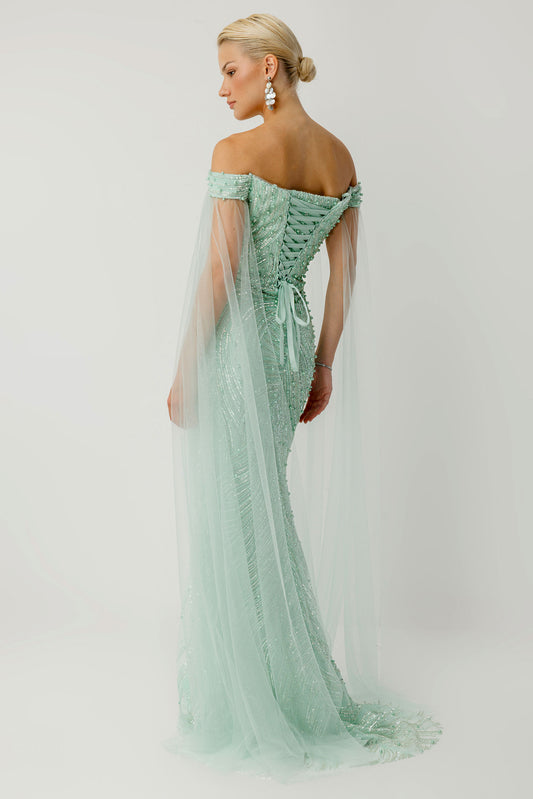 Heart Neckline Sage Pattern Slit Evening Dress