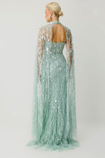 Resmi Galeri görüntüleyiciye yükleyin, Royal Sage Choker Yaka Işıltılı Transparan Pelerinli Gece Elbisesi