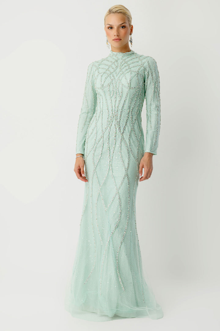 El İşlemeli Couture Adaçayı Abiye Elbise