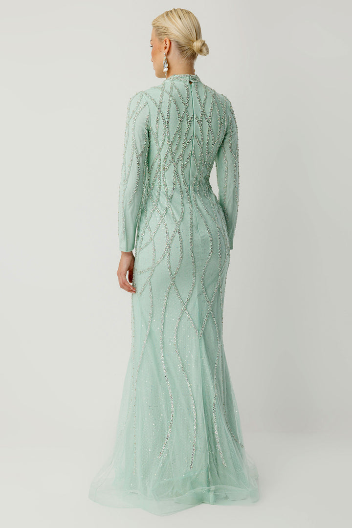 El İşlemeli Couture Adaçayı Abiye Elbise