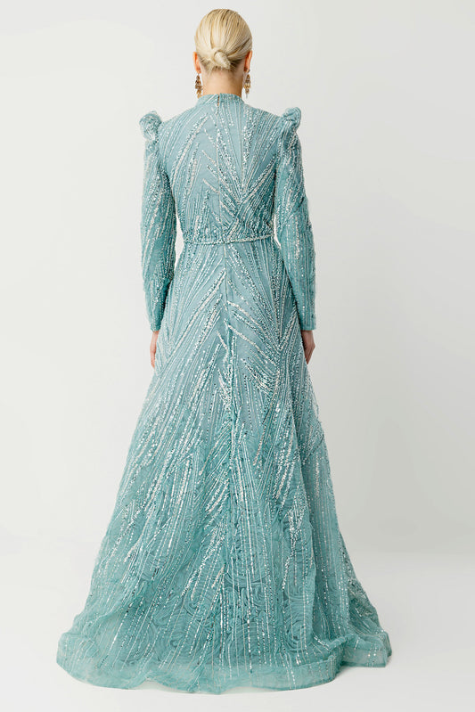 Geometrik Taş İşlemeli Mint Tesettür Abiye