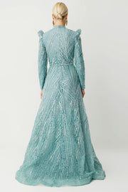 Geometrik Taş İşlemeli Mint Tesettür Abiye