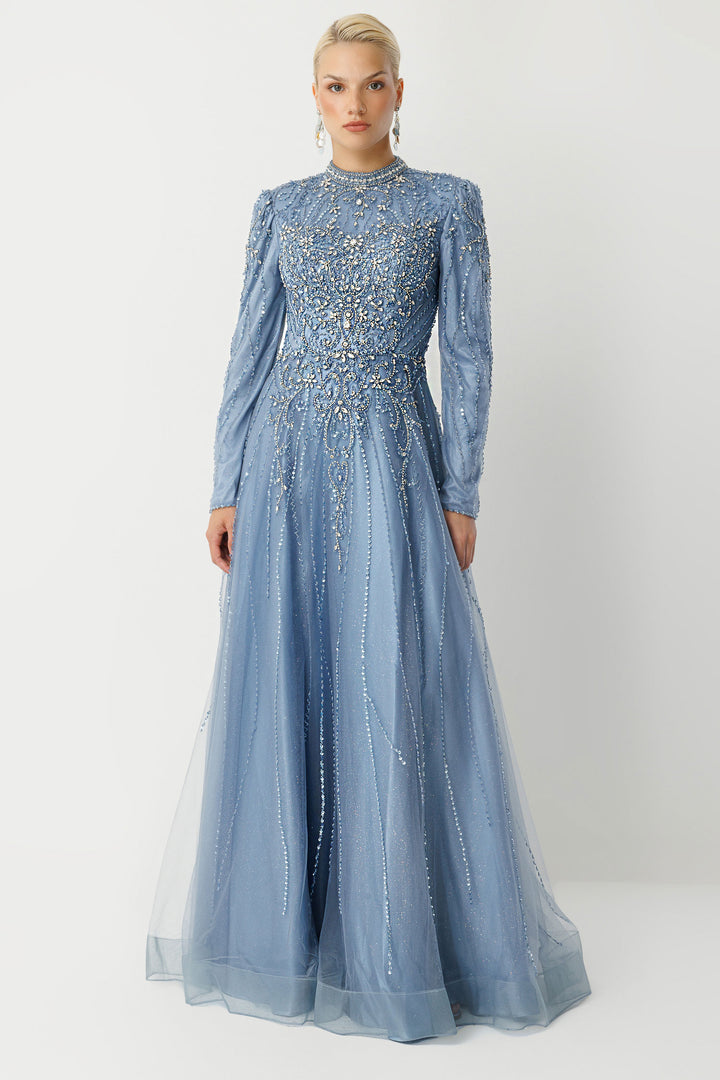 Royal Class Taş İşlemeli Mavi Tesettür Abiye