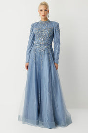 Royal Class Taş İşlemeli Mavi Tesettür Abiye