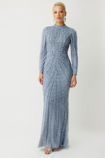 Resmi Galeri görüntüleyiciye yükleyin, Tül Üzeri Zigzag İşlemeli Mavi Tesettür Abiye Elbise