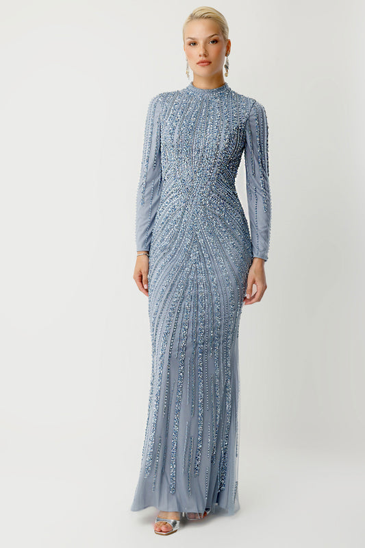 Tül Üzeri Zigzag İşlemeli Mavi Tesettür Abiye Elbise