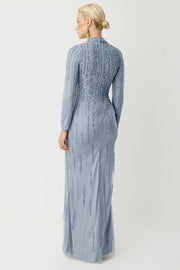 Tül Üzeri Zigzag İşlemeli Mavi Tesettür Abiye Elbise