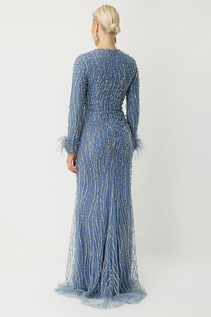 Tüy Detaylı İşlemeli Mavi Tesettür Abiye