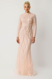 El İşlemeli Couture Pudra Abiye Elbise