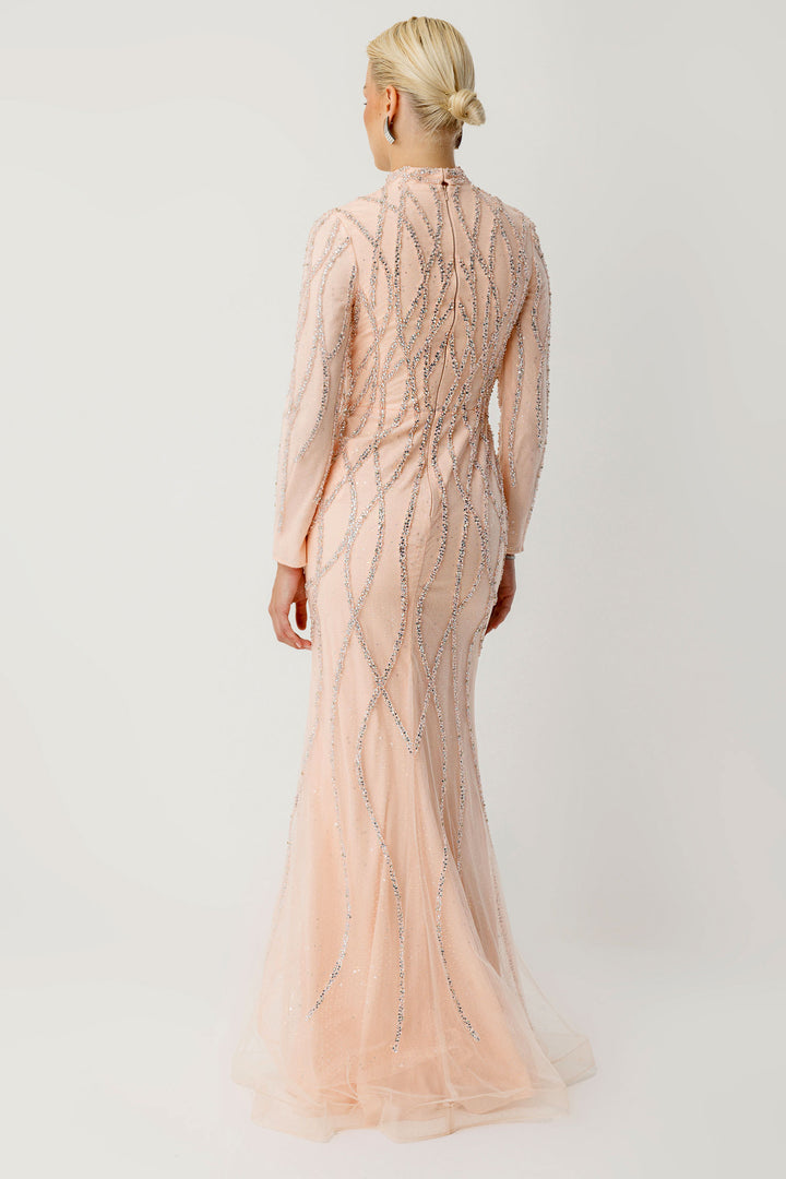 El İşlemeli Couture Pudra Abiye Elbise