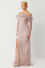 Load image into Gallery viewer, Strapless Evening Dress with Feather Details, Beads and Sequins