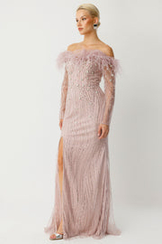 Strapless Evening Dress with Feather Details, Beads and Sequins