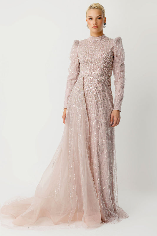 Işıltılı Houte Couture Pudra Tesettür Abiye