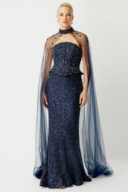 Valeria Embroidered Navy Blue Long Evening Dress with Cape