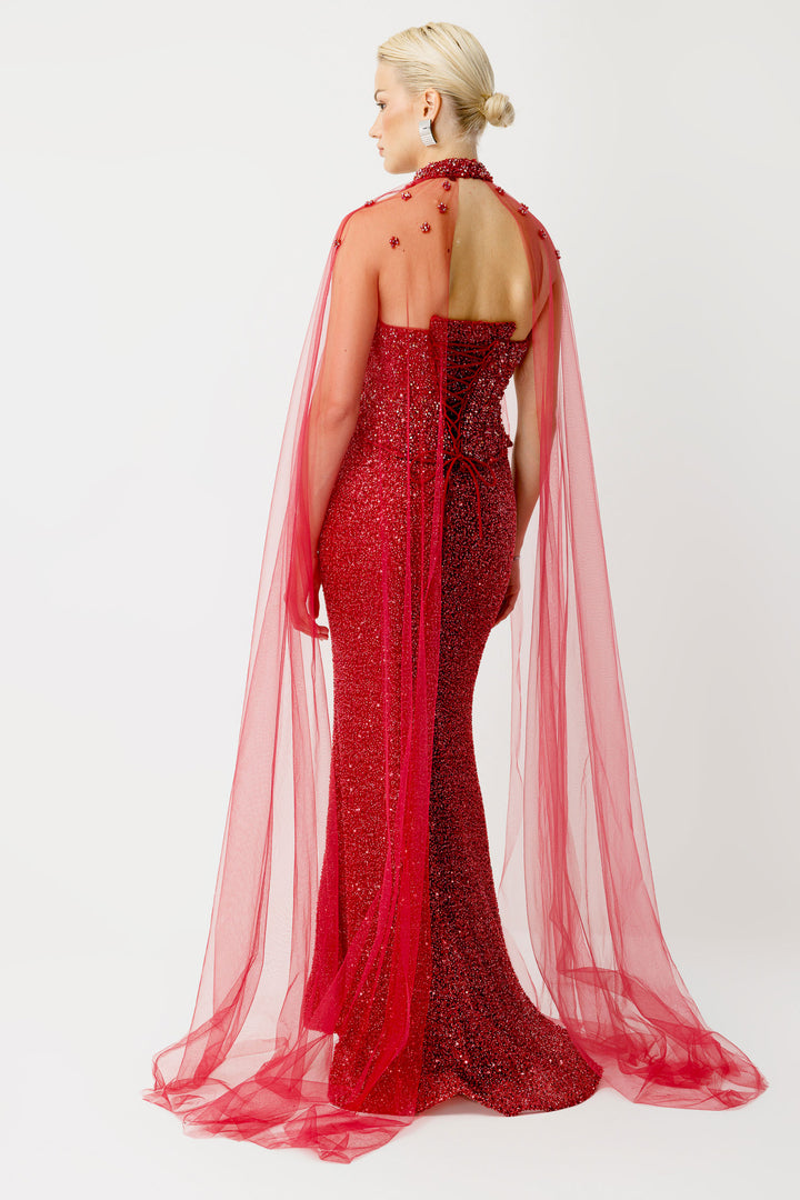 Valeria Red Embroidered Long Evening Dress with Cape