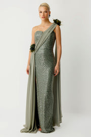 Asymmetrical Silhouette Cape Detail Evening Dress