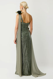 Asymmetrical Silhouette Cape Detail Evening Dress