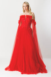 Cape Flowing Strapless Couture Red Evening Gown