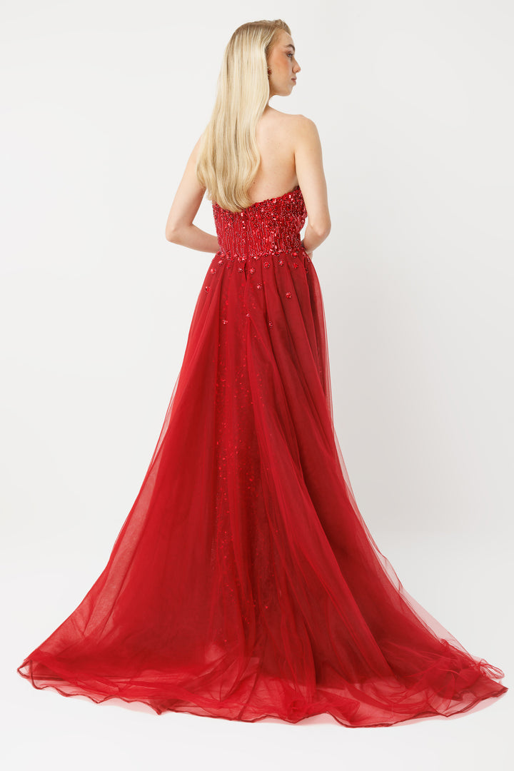 Gala Elegance: Strapless Red Evening Dress with Cape