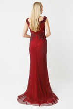 Load image into Gallery viewer, Off-the-shoulder long evening dress with appliqué and slit.