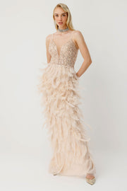 Ice Feather Couture Derin Dekolteli Taş İşlemeli Uzun Gece Elbisesi