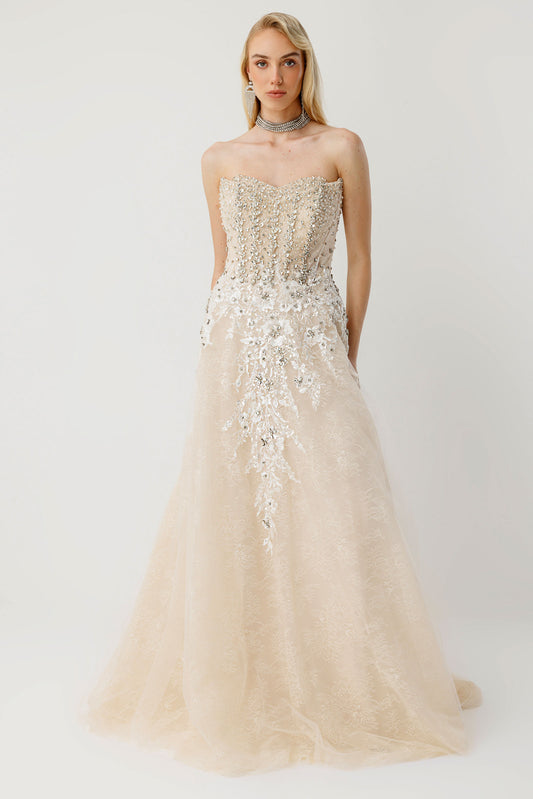 Golden Bloom Embroidered Ecru Princess Dress