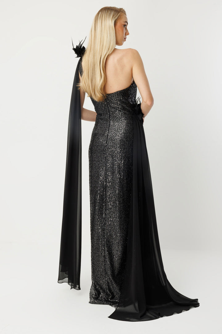Asymmetrical Silhouette Cape Detail Evening Dress